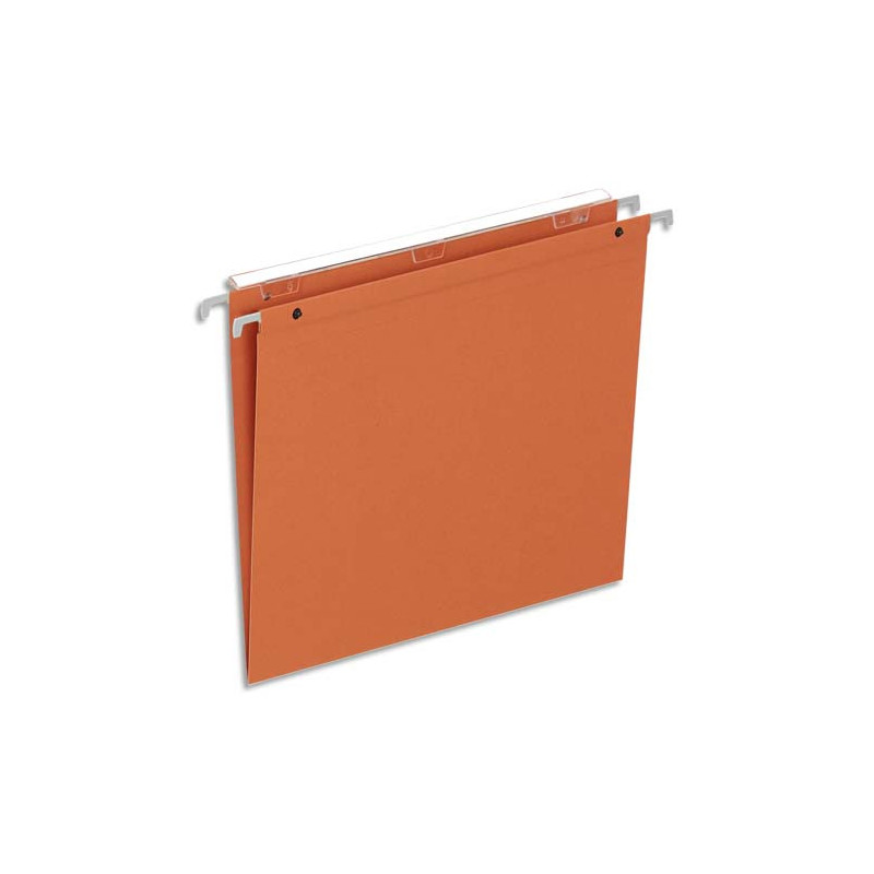 Boîte de 25 dossiers suspendus TIROIR, kraft 220g. Fond V, volet agrafage+pression. Coloris Orange