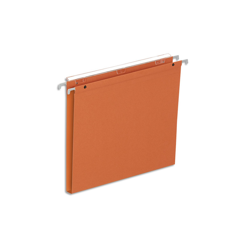 Boîte de 25 dossiers suspendus TIROIR, kraft 220g. Fond 15, volet agrafage+pression.Coloris Orange