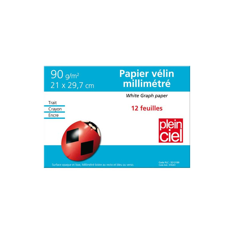 PLEIN CIEL Pochette de 12 feuilles papier millimétré 90g format 21x29,7cm