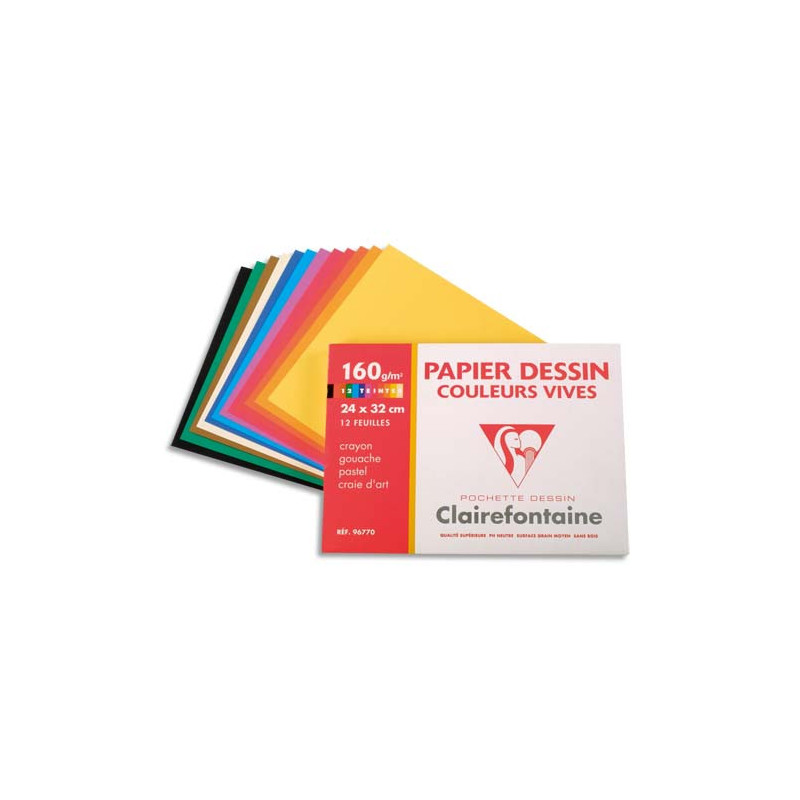 CLAIREFONTAINE Pochette de 12 feuilles papier dessin couleur teintes vives 160g 24x32 Ref-96770