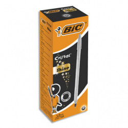 BIC Stylo bille Cristal Original Shine. Pointe Moyenne (1,0 mm) - Encre Noire et Corps Argent