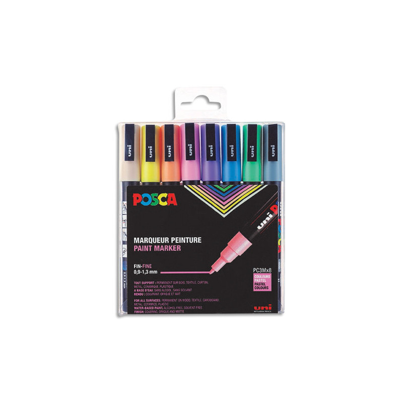 UNI POSCA Pochette de 8 marqueurs peinture. Pointe fine de 0,9 à 1,8 mm (PC3M). Couleurs assorties