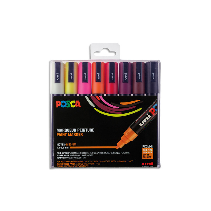UNI POSCA Pochette de 8 marqueurs peinture. Pointe moyenne de 1,8 à 2,5mm (PC5M). Couleurs assorties