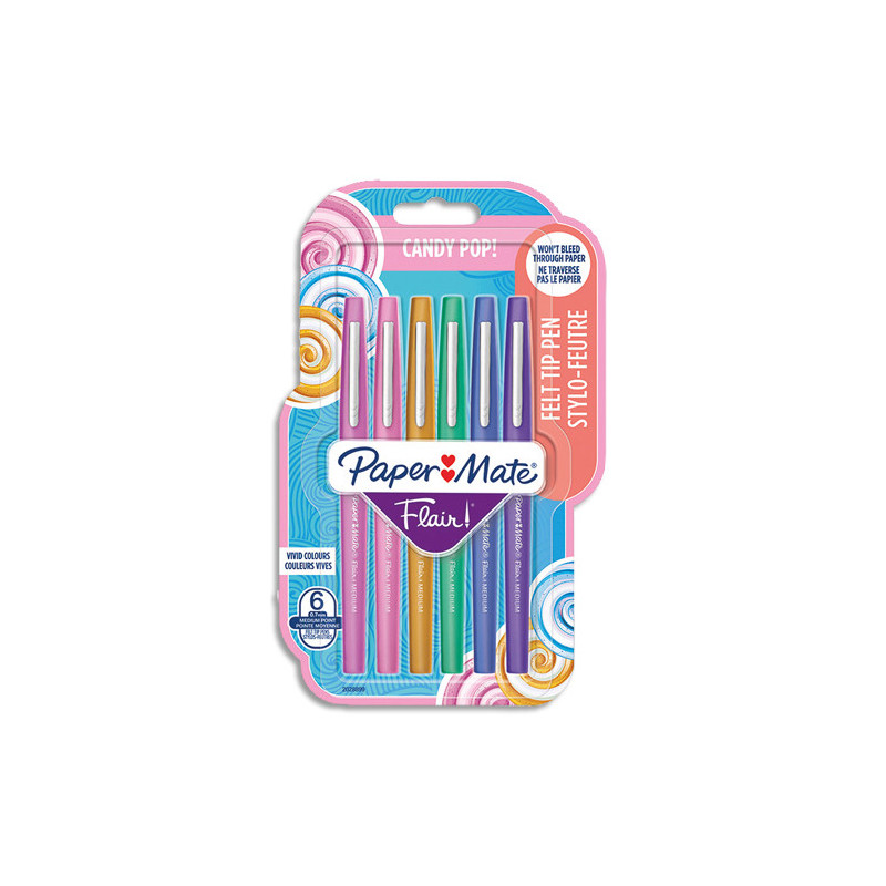 PAPERMATE Blister de 6 stylos feutres Flair Candy Pop. Framboise, Fraise, Caramel, Vert, Bleu, Raisin