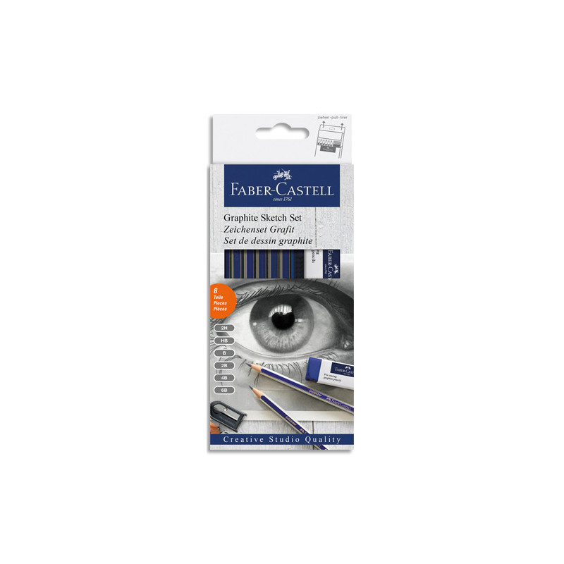 FABER CASTELL Set de dessins crayon graphite comprenant 6 crayons, un taille-crayon et une gomme