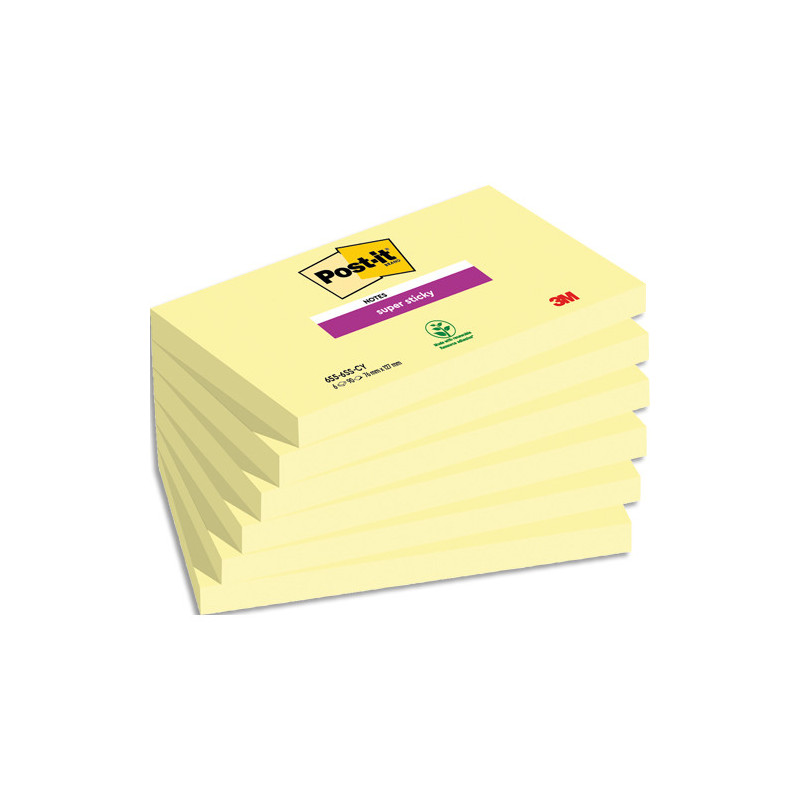 POST-IT Lots de 6 blocs Notes Super Sticky POST-IT® jaunes 90 feuilles 76 x 127 mm