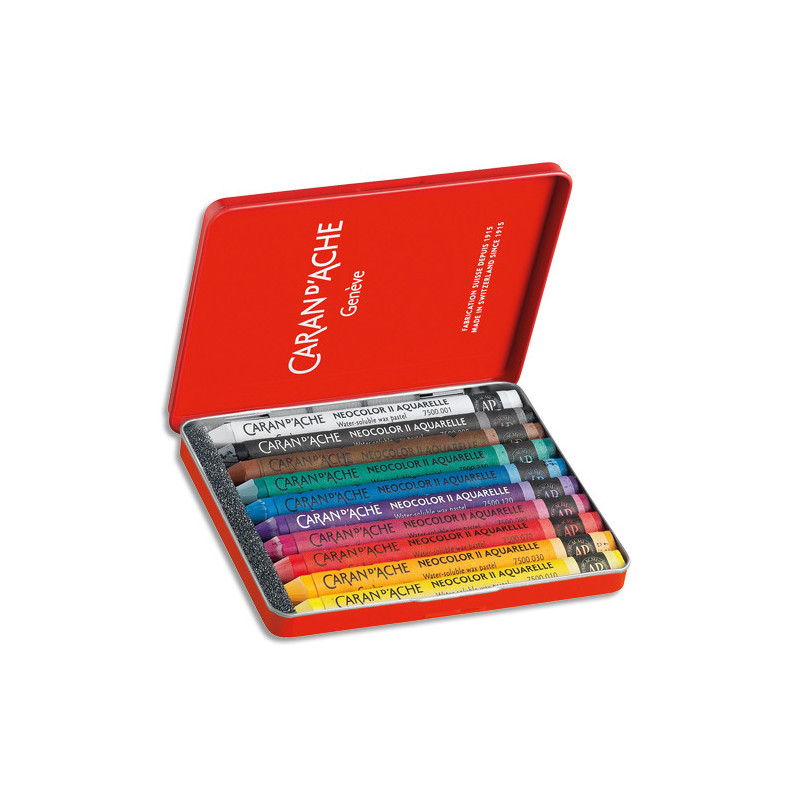 CARAN D'ACHE Boîte métal de 10 couleurs assorties Pastel à la cire aquarellable CLASSIC NEOCOLOR II