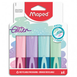 MAPED Pochette carton brochable de 4 surligneurs FLUO GLITTER : 4 Coloris pastel assortis