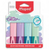 MAPED Pochette carton brochable de 4 surligneurs FLUO GLITTER : 4 Coloris pastel assortis