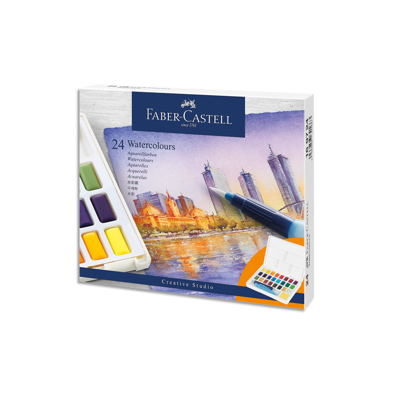 FABER CASTELL Boîte de 24 Demi godets Aquarelle. Palette détachable. Pinceau à eau fourni.