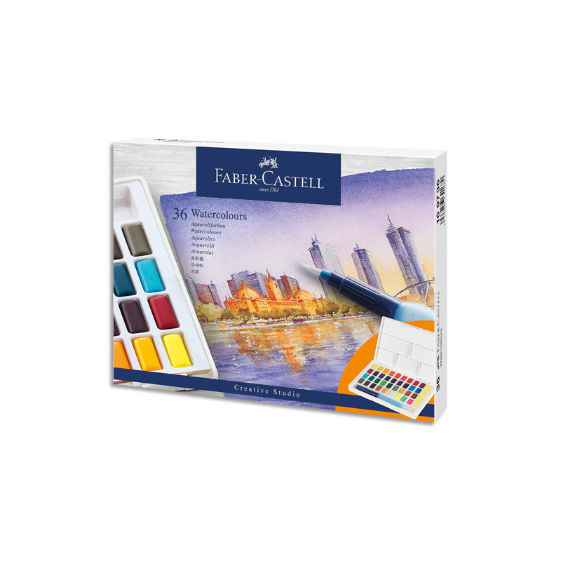 FABER CASTELL Boîte de 36 Demi godets Aquarelle. Palette détachable. Pinceau à eau fourni.