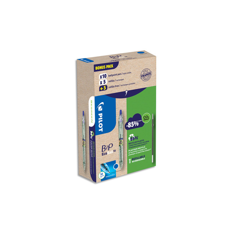 PILOT Greenpack ECOBALL de 10 stylos bille + 10 recharges dont 50% gratuite. Encre bleue - 0,7mm. BEGREEN