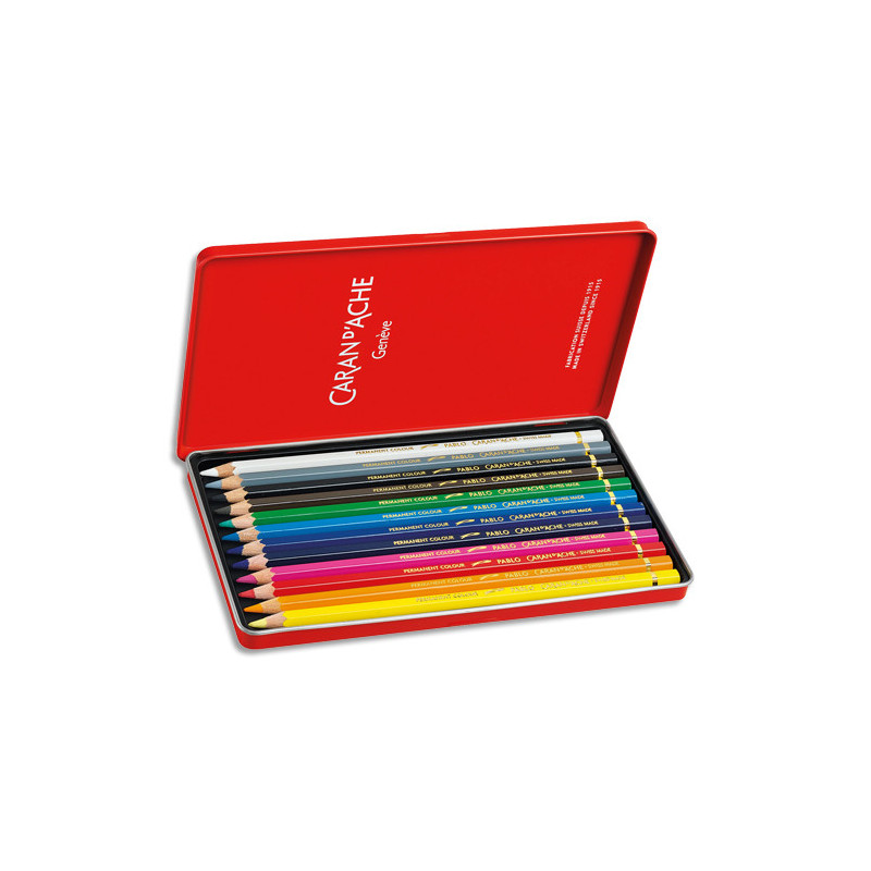 CARAN D'ACHE Boîte de 12 crayons de couleur PABLO résistante à l'eau - tendre, sèche - Bois cèdre FSC