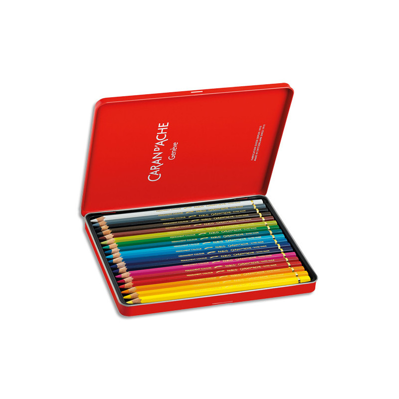 CARAN D'ACHE Boîte de 18 crayons de couleur PABLO résistante à l'eau - tendre, sèche - Bois cèdre FSC