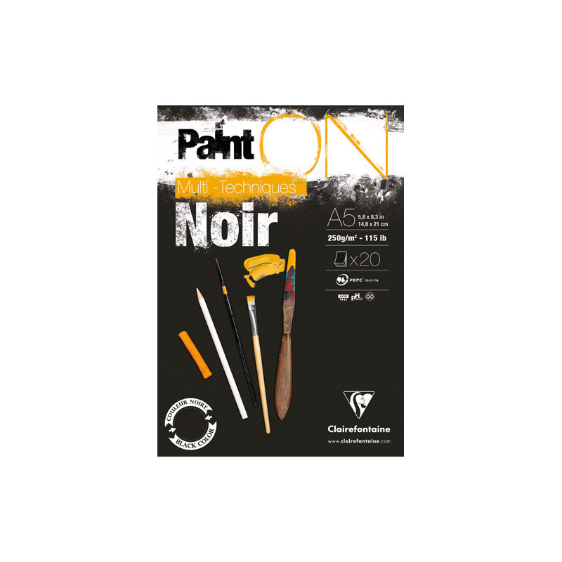 CLAIREFONTAINE Bloc PaintON Noir collé en tête 20F 250g A5.