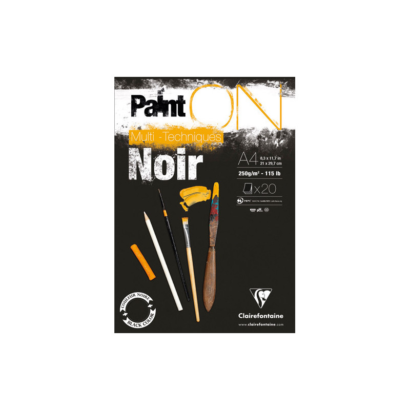 CLAIREFONTAINE Bloc PaintON Noir collé en tête 20F 250g A4.