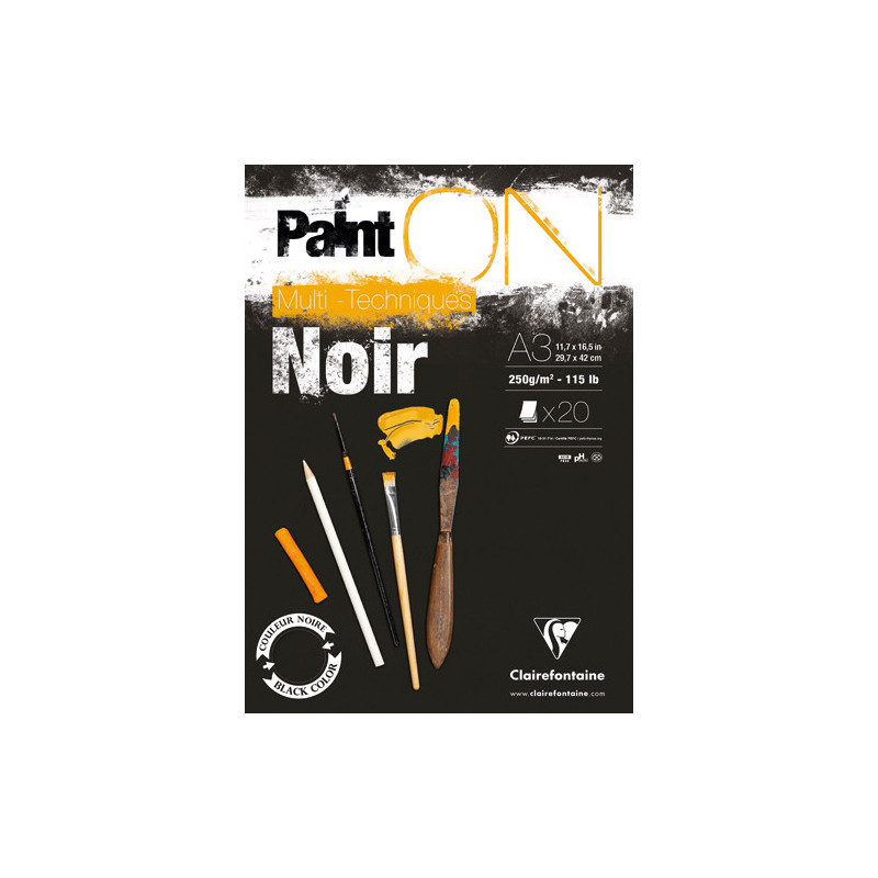 CLAIREFONTAINE Bloc PaintON Noir collé en tête 20F 250g A3