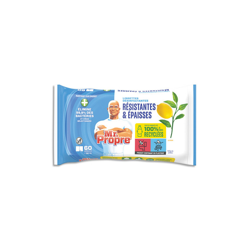 MR PROPRE Paquet de 60 Lingettes nettoyantes fabriquées avec 100% de fibres recyclées. Parfum Citron