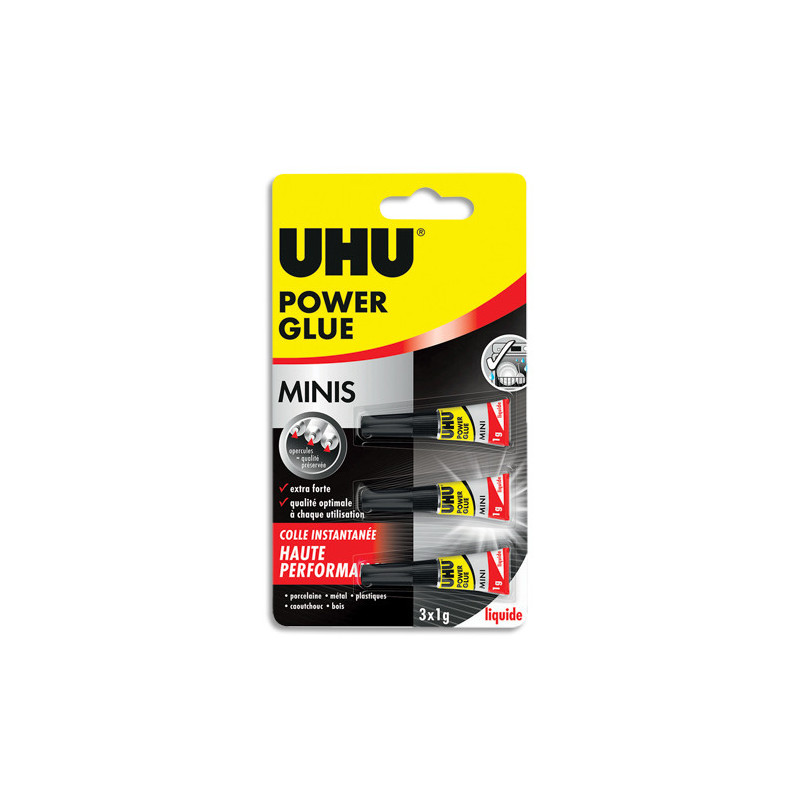 UHU Colle Power Glue liquide Mini de 3x1gr. Idéal pour petites zones. Colle support solide et flexible