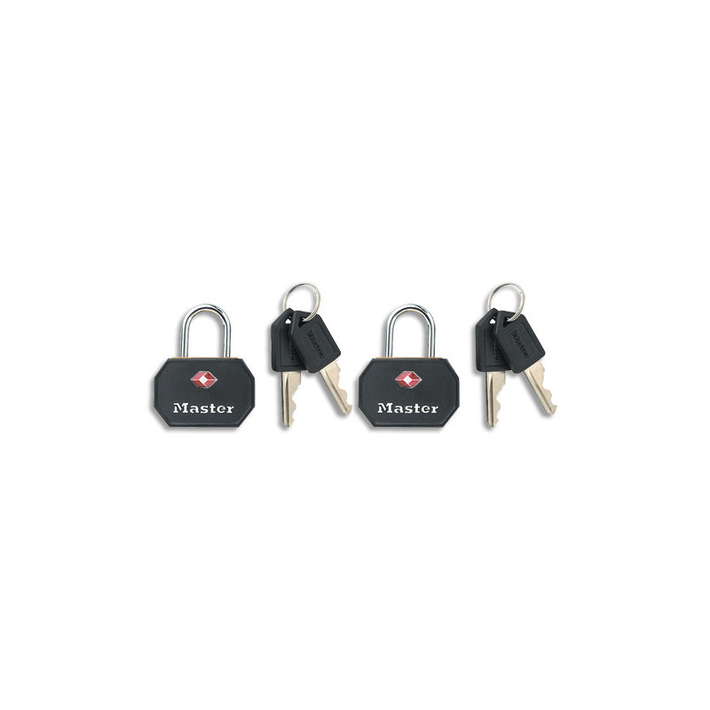 MASTER LOCK Lot de 2 cadenas en acier certifié TSA en aluminium largeur 30 mm noir, livré avec 4 cles