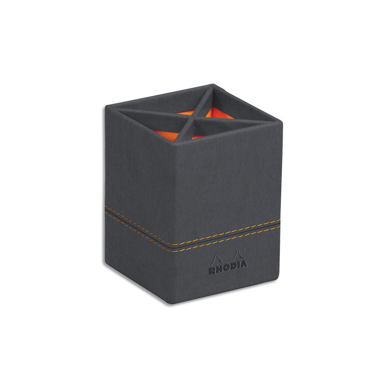 RHODIA Pot à crayons Rhodiarama en simili cuir italien, 4 cmpts. Dim (lxhxp) 8x11x8 cm. Coloris Titane