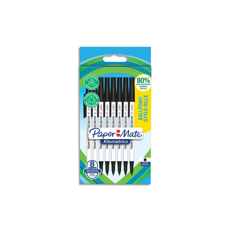 PAPERMATE Sachet de 8 stylos à bille KILOMETRICO à capuchon, recyclé à 80%. Pointe moyenne 1.0 mm - noir