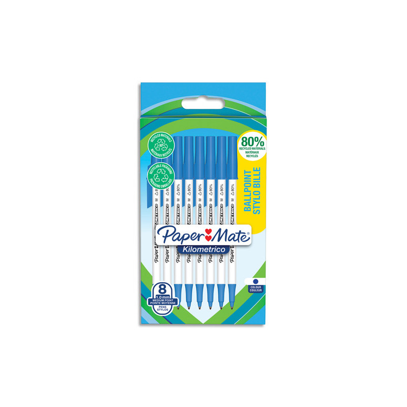 PAPERMATE Sachet de 8 stylos à bille KILOMETRICO à capuchon, recyclé à 80%. Pointe moyenne 1.0 mm - bleu