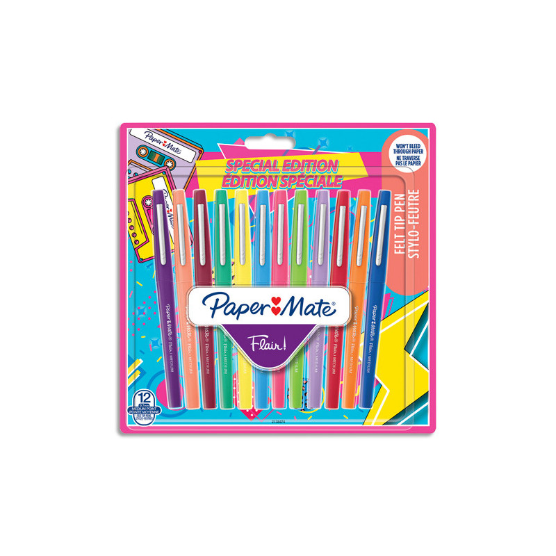 PAPERMATE Blister de 12 feutres d'écriture Flair Original, pointe moyenne 0,7 mm Retro 90's assortis