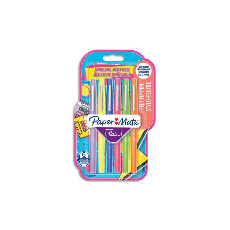 PAPERMATE Blister de 6 feutres d'écriture Flair Original, pointe moyenne 0,7 mm Retro 90's assortis
