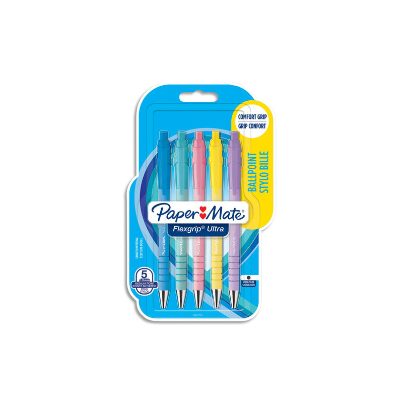 PAPERMATE Blister de 5 bille Flexgrip Ultra Pastel rétractable, encre noire, pointe 1.0 mm, corps pastel