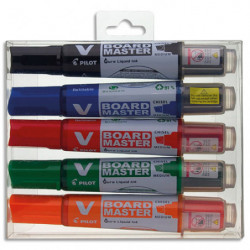 PILOT Pochette de 5 marqueurs VBoard Master Noir, bleu, rouge, vert et orange. Rechargeable. Pte biseauté