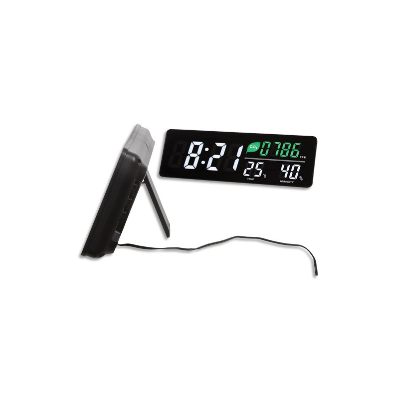 ALBA Horloge LED murale ou posée. Capteur CO2, température humidité Dim L 37,5 x l 13,5 x Ep 3,8 cm Noire