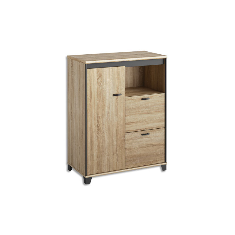 GAUTIER Rangement bas 1 porte, 2 tiroirs pour DS, 1 niche L80 x H114 x P48cm. Finition Chêne sonoma-Noir