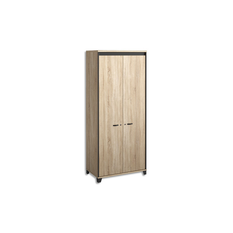 GAUTIER Armoire 2 portes battantes à serrure, 3 étagères, L80 x H187 x P46. Finition Chêne sonoma-Noir