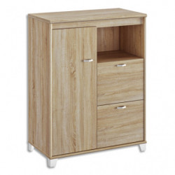 GAUTIER Rangement bas 1 porte, 2 tiroirs pour DS, 1 niche L80 x H114 x P48cm. Finition Chêne sonoma-Blanc