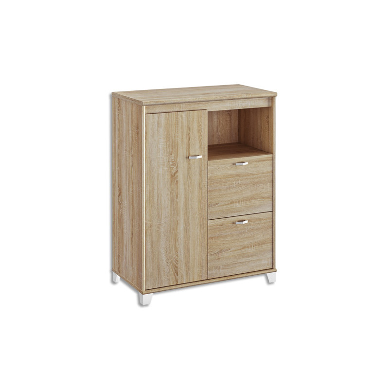 GAUTIER Rangement bas 1 porte, 2 tiroirs pour DS, 1 niche L80 x H114 x P48cm. Finition Chêne sonoma-Blanc