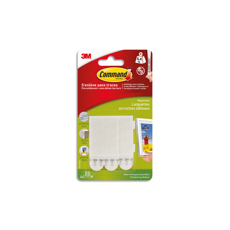 POST-IT Blister de 8 Languettes de fixation Command pour tableau, Moyen modèle Blanc Poids max 5,4 kg