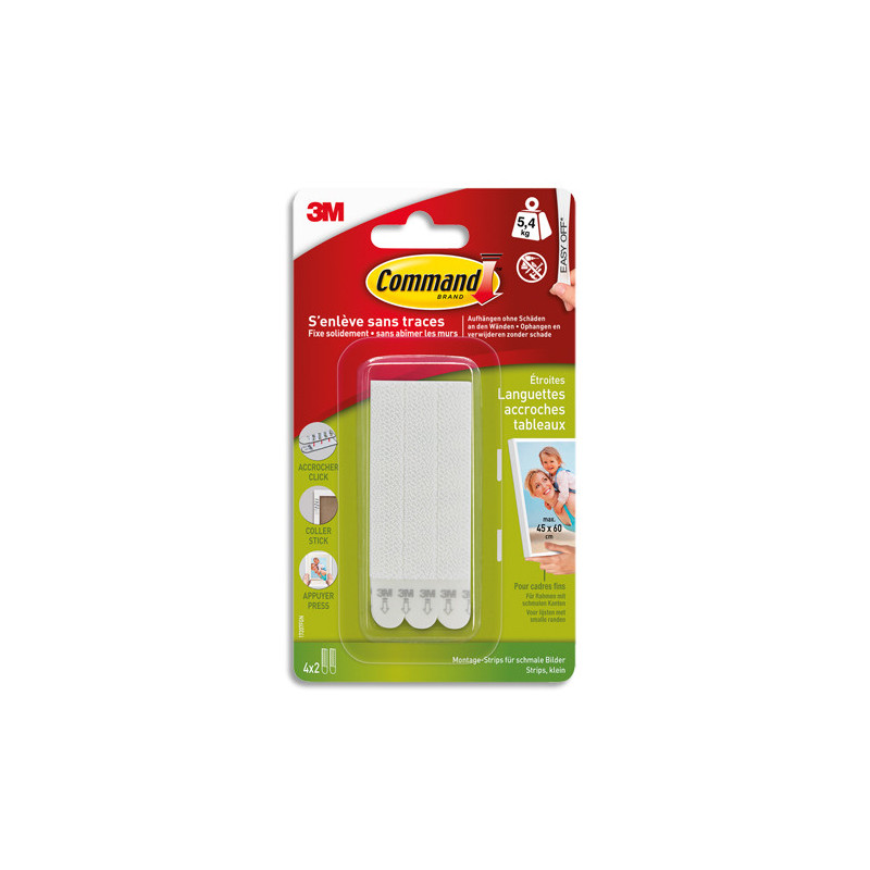 POST-IT Blister de 8 Languettes fixation Command cadres à bords étroits modèle fin Blanc Poids max 5,4Kg