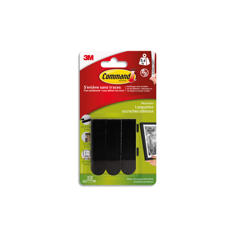 POST-IT Blister de 8 Languettes de fixation Command pour tableau, Moyen modèle Noir Poids max 5,4 Kg