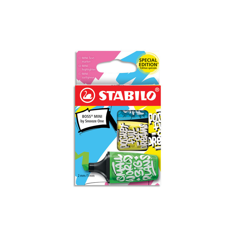 STABILO Etui carton de 3 surligneurs BOSS MINI by Snooze One.Pointe biseautée. Coloris vert, jaune, bleu