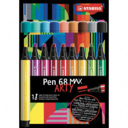 STABILO Etui carton de 18 feutres Pen 68 MAX ARTY. Pointe large biseautée. Coloris assortis