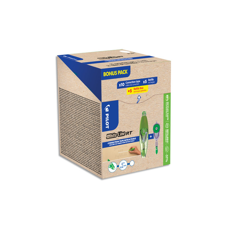 PILOT ECOPACK de 10 correcteurs WHITELINE + 10 recharges dont 5 offertes. Rétractable/écologique. Begreen