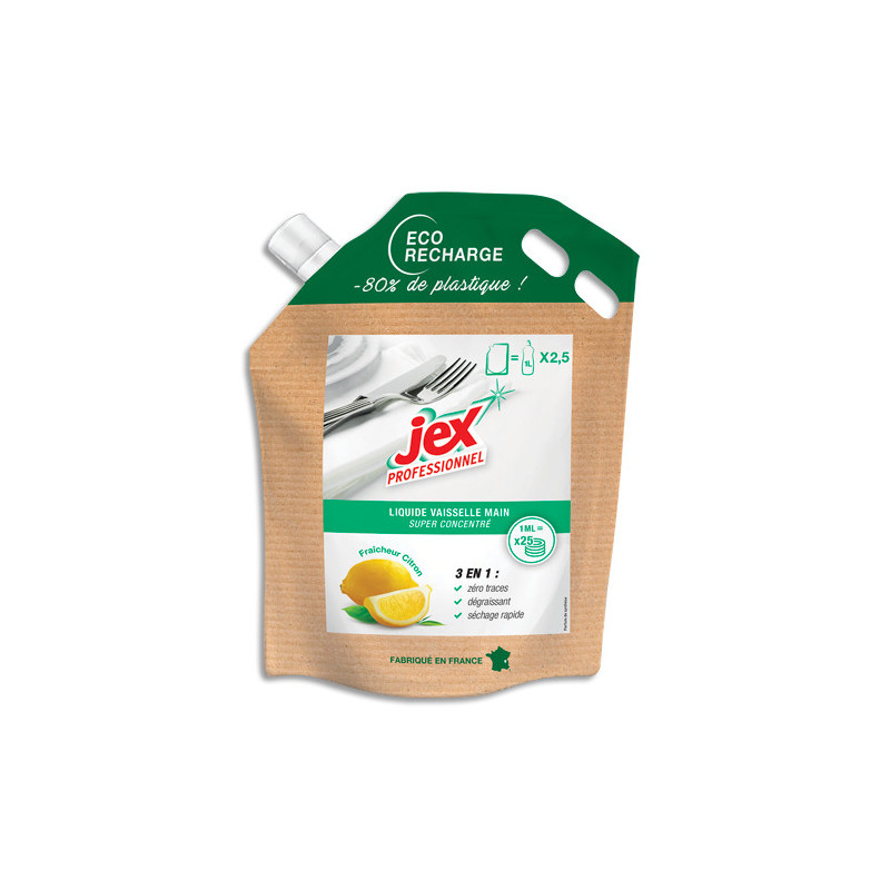JEX Recharge liquide vaisselle2,5L. 3 en 1 : Zéro traces, séchage rapide, dégraissant. Parfum citron.