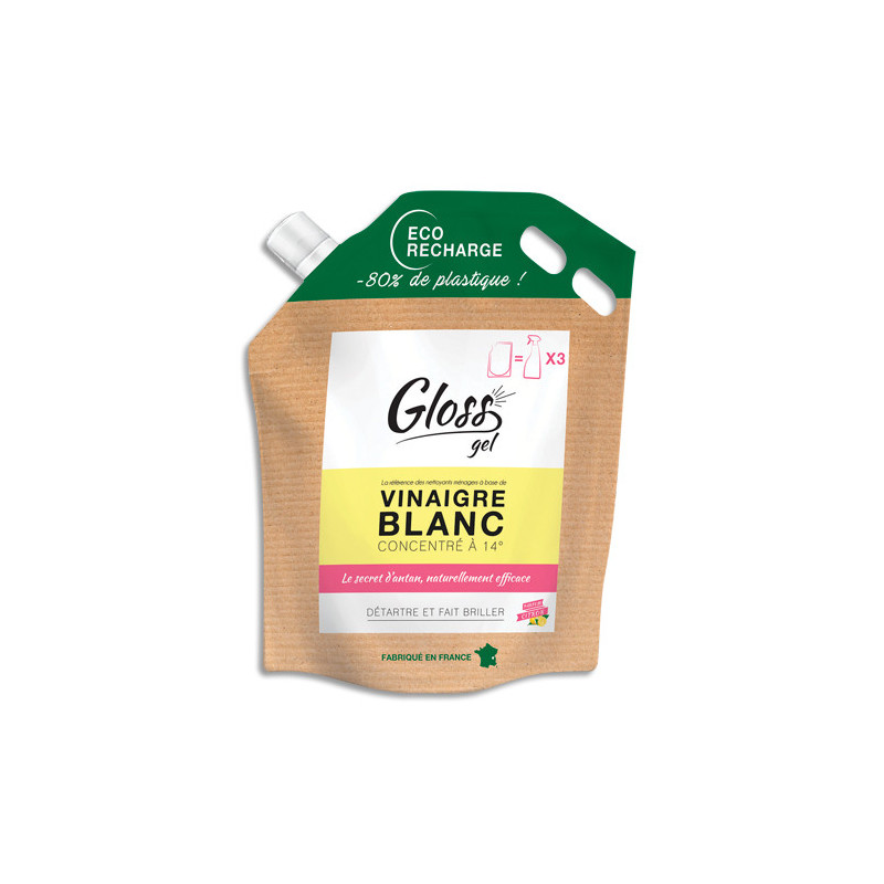 GLOSS Recharge vinaigre blanc 2.5L. Détartre et fait briller. Formule gel. Parfum citron 100% naturel.