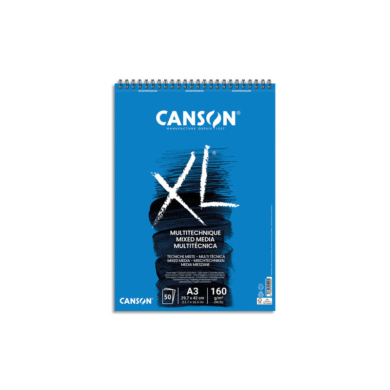 CANSON Bloc 50 feuilles de dessin XL MIXED MEDIA, A3 160 grammes, spirale sur le petit côté
