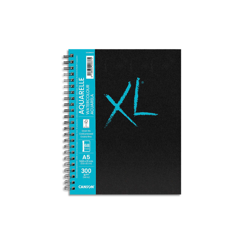 CANSON Carnet de 34 feuilles XL BOOK AQUARELLE. Format A5, 300 grammes, grain fin. Spirale grand côté