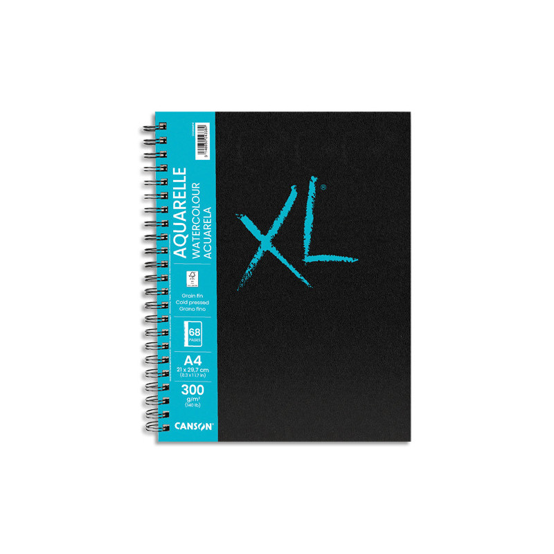 CANSON Carnet de 34 feuilles XL BOOK AQUARELLE. Format A4, 300 grammes, grain fin. Spirale grand côté