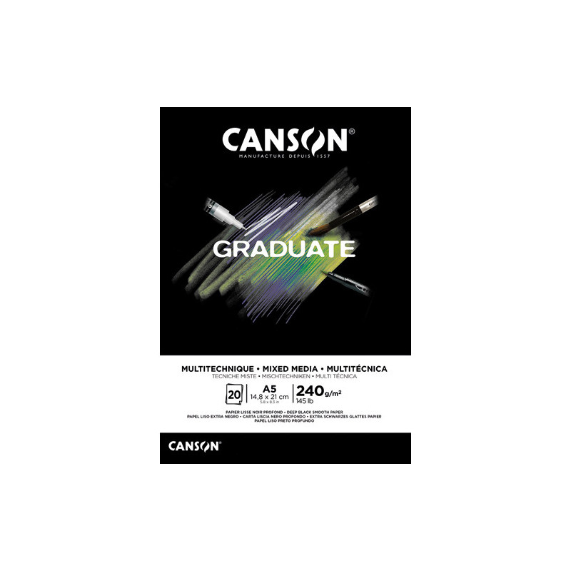 CANSON Bloc de 20 feuilles GRADUATE MIXED MEDIA. Format A5, 240 grammes. Papier lisse noir profond. Collé