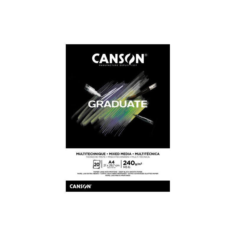 CANSON Bloc de 20 feuilles GRADUATE MIXED MEDIA. Format A4, 240 grammes. Papier lisse noir profond. Collé