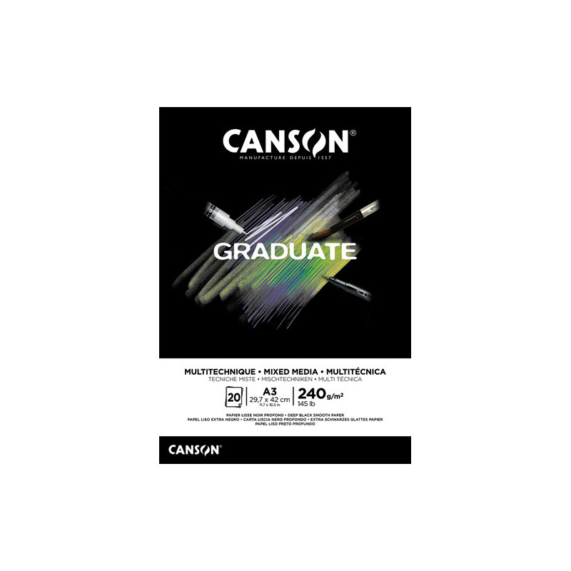 CANSON Bloc de 20 feuilles GRADUATE MIXED MEDIA. Format A3, 240 grammes. Papier lisse noir profond. Collé